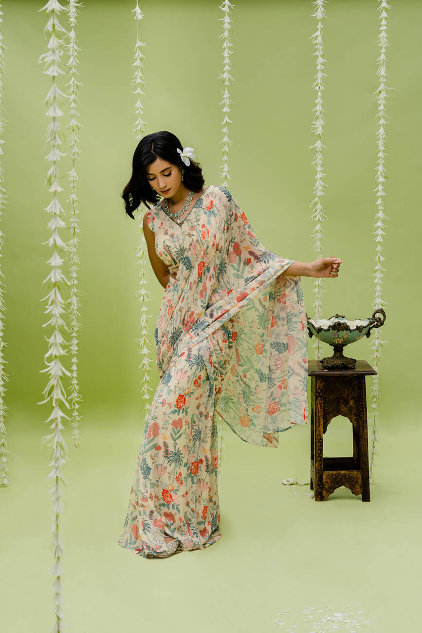 Beautiful Printed Embroidered Off White Saree